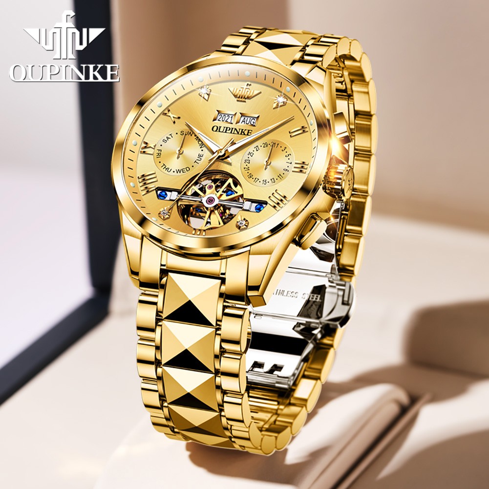 OUPINK Men's Watch 40mm Gold Men Mechanical Watches 50M Waterproof Top Brand Sapphire Glass Stainless Steel Business 142857