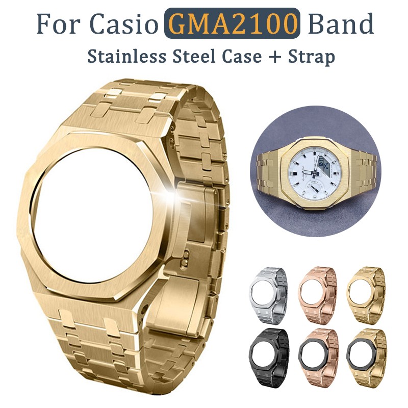 3rd الجيل GMA2100 معدنيا Watchbands إسكان الساعة من الفولاذ المقاوم للصدأ حزام (استيك) ساعة ل GMA-2100 استبدال مع أدوات مسامير