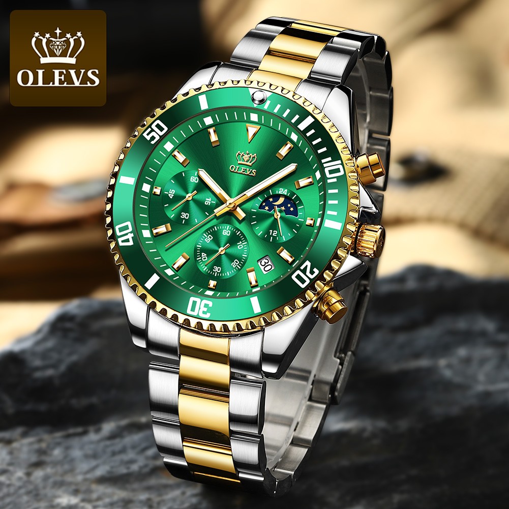 OLEVS Men's Watch Quartz Waterproof Stainless Steel Watch Green Sports Wrist Watch for Men Reloj hombres