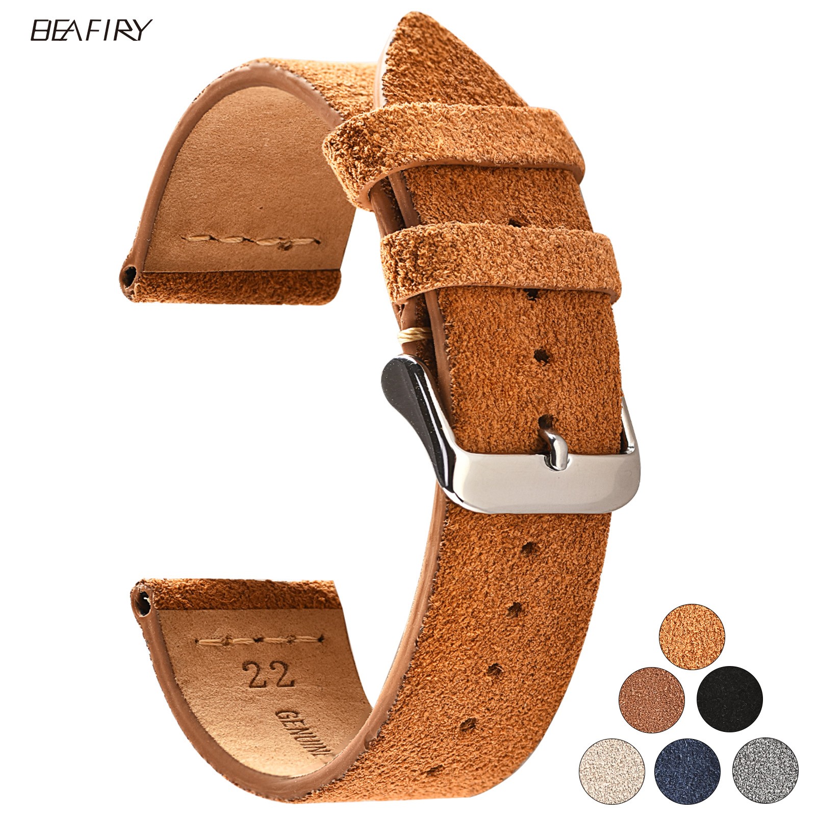 BEAFIRY Watch Band 18mm 20mm 22mm Suede Leather Calfskin Strap Watchband For Huawei Fossil Men Women Brown Black Gray White Blue