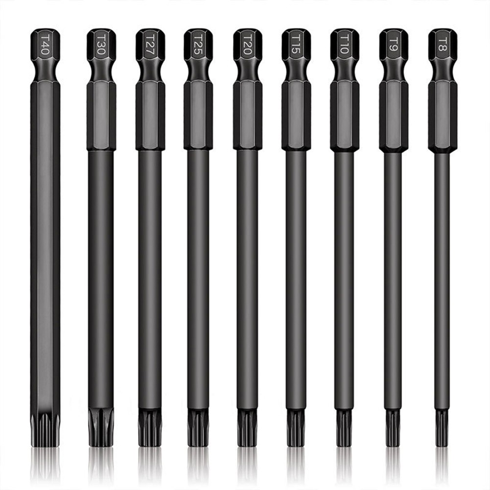 9PCS 100mm Steel Torx Hollow Screwdriver Bits Tool Set 1/4 Hex Torx Socket Set Handle Tools Electric Screw Driver Set