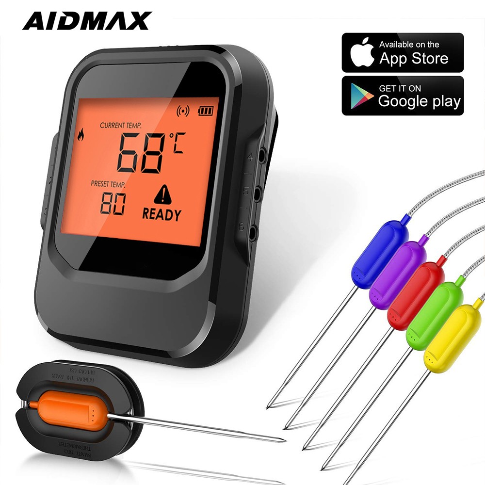 AidMax Pro06 165Ft عن بعد متعدد القنوات بلوتوث Smokehouse شواء ميزان الحرارة مع مسبار درجة الحرارة