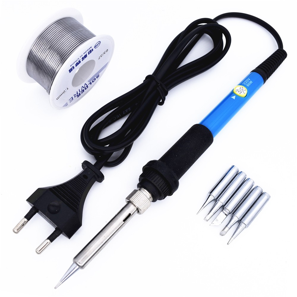 60W 220V Electric Soldering Iron Kit Temperature Adjustable With Soldering Tin Wire 5 Tips Welding Repair Tools EU Plug