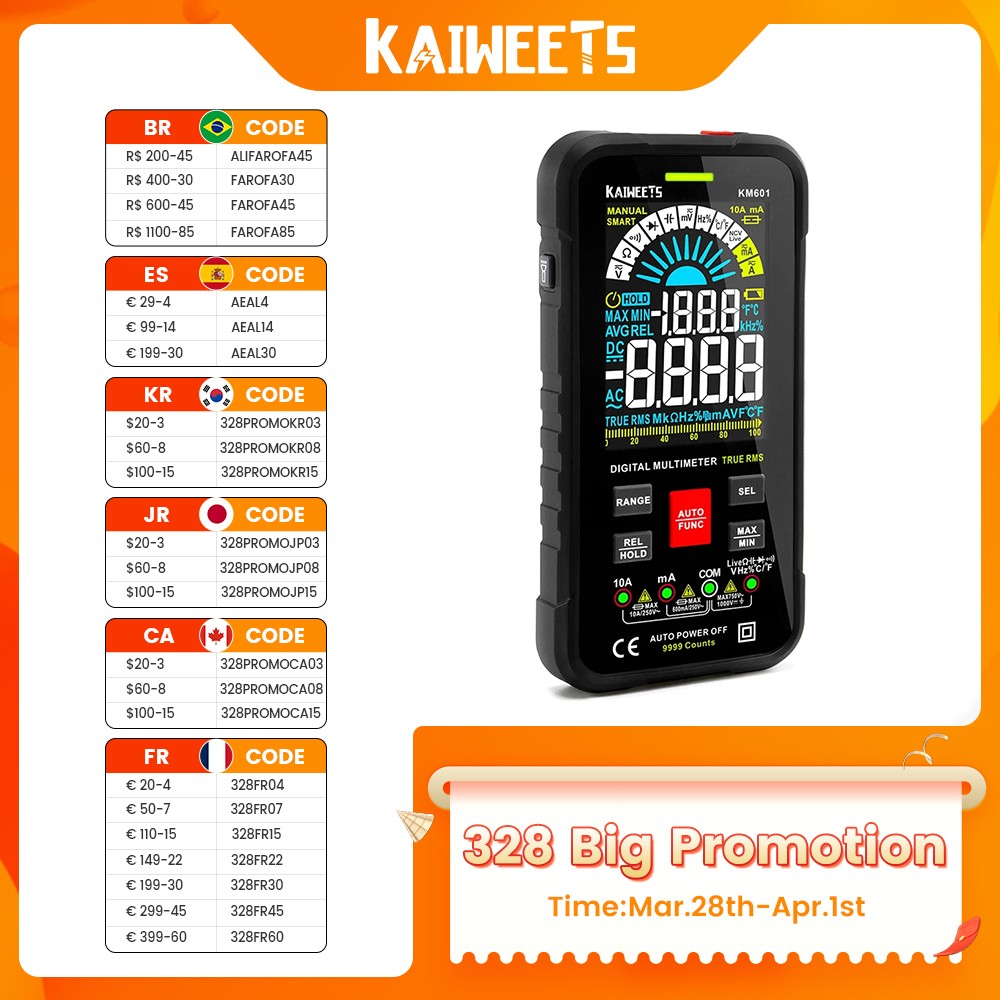 KAIWEETS KM601 Digital Multimeter 9999 Counts Multimeter 1000V 10A Capacitance Ohm Hz Digital Multimeter Tester RMS DC DMM