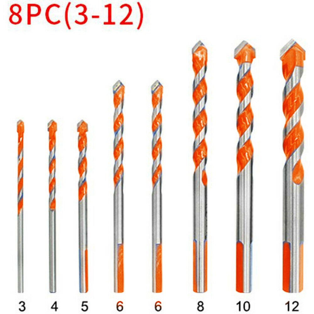 8pcs briel bits multi-material triangle drill bit set diamond for tile concrete bricks glass plastic wood stone 3-12mm