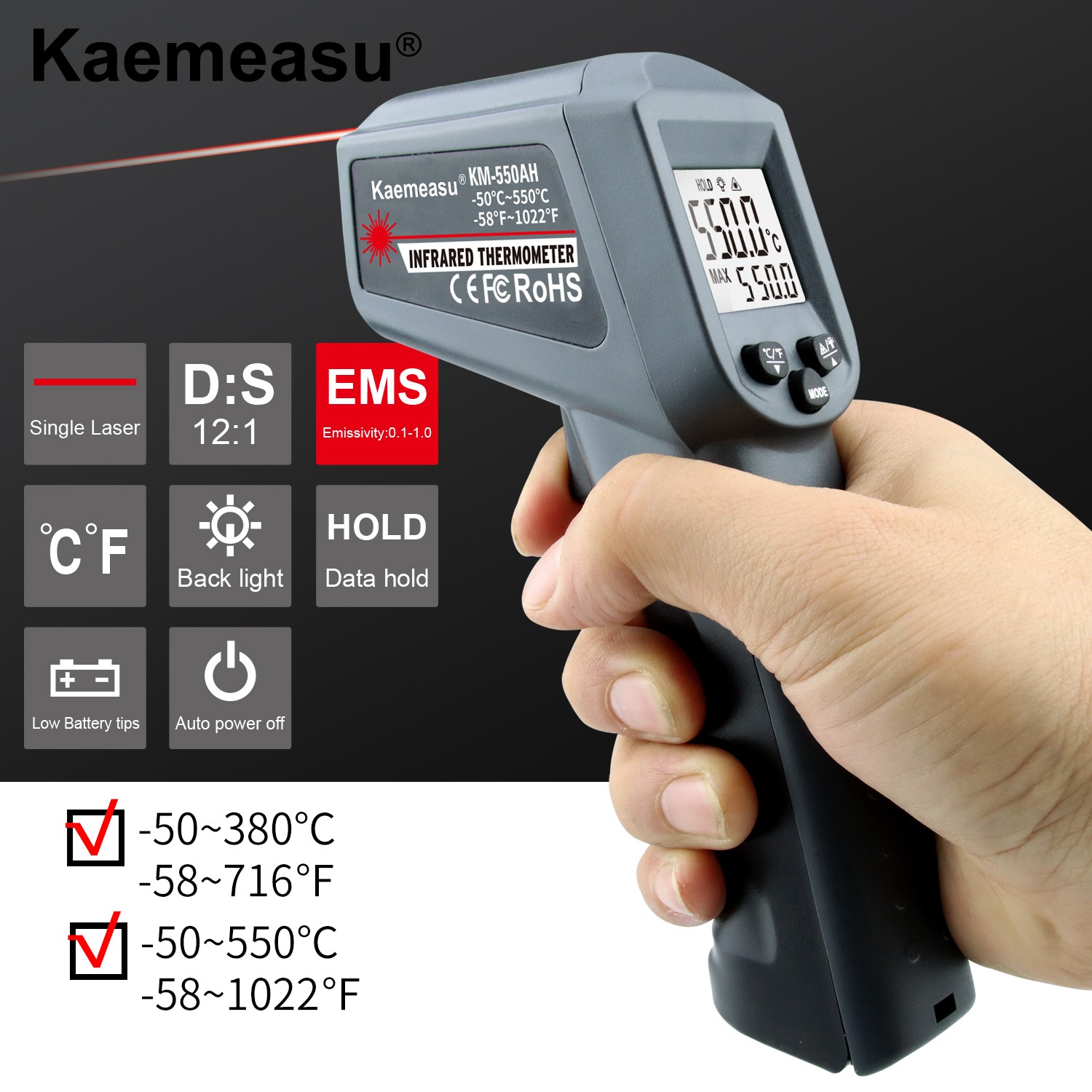 Kaemeasu Handheld Digital Infrared Thermometer Non-contact Electronic Kitchen Baking Industry Temperature Measurement Gun