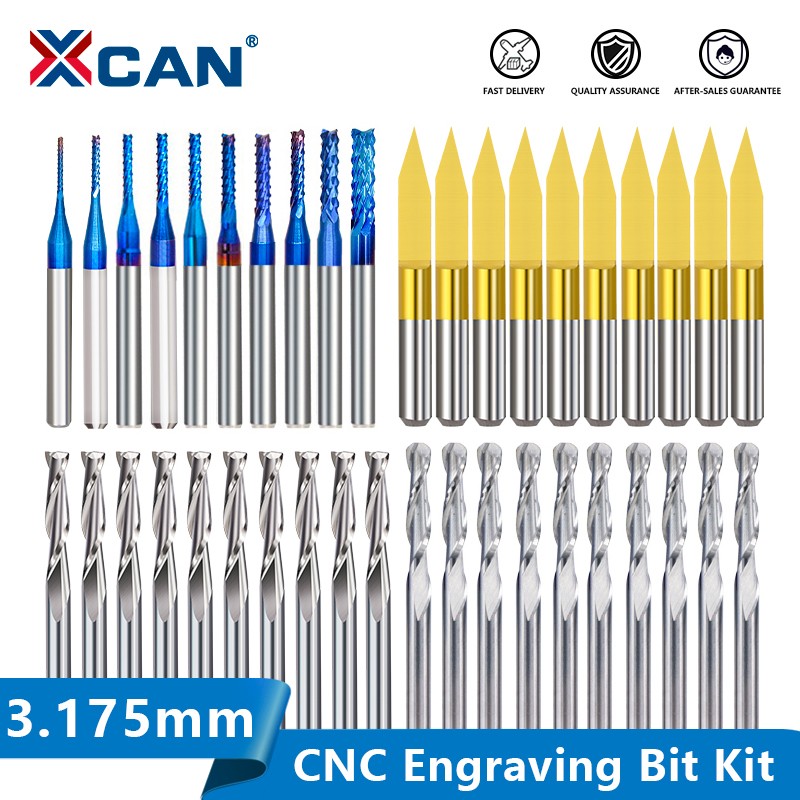 XCAN 1/8'' Shank Milling Cutter CNC Engraving Bit Kit CNC Router Bits Carbide End Mill Woodworking Mining Tools