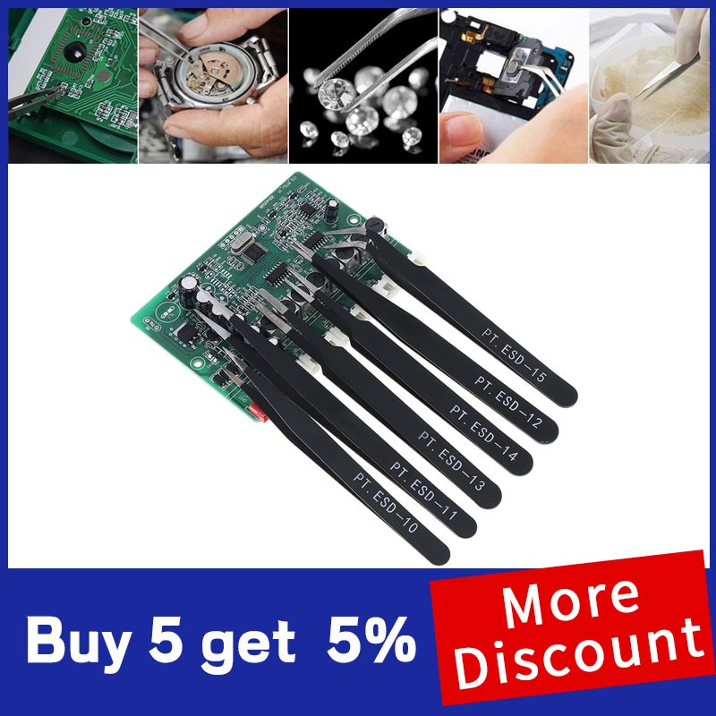 6pcs Stainless Steel Tweezers 1.0mm Anti-static Repair Tool Kit for Electronics Jewelry Fine Craft Cell Phone Stickers Drill