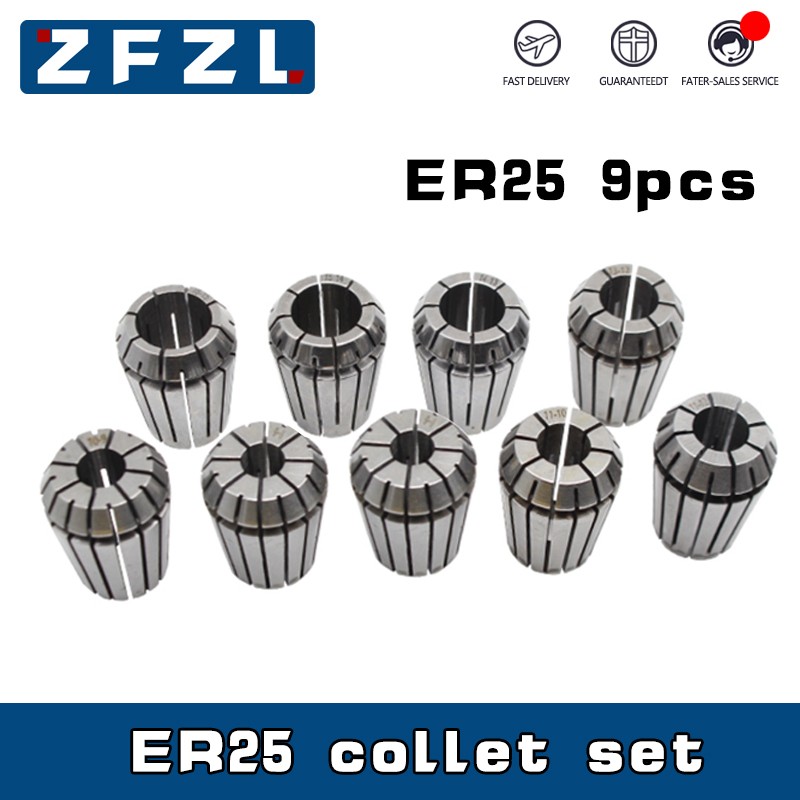 9pcs ER25 Collet Set Metal Cylinder 3/4/5/6/8/10/12/14/16mm High Precision ER25 Spindle Chuck Set CNC Machining Center