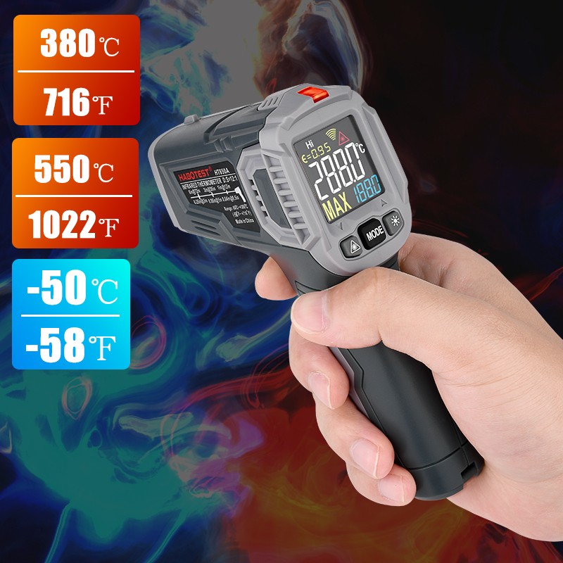 Habotest HT650 Non Contact Digital Infrared Thermometer IR Thermometer Gun Light Sound Alarm Outdoor Industrial Used LCD Display