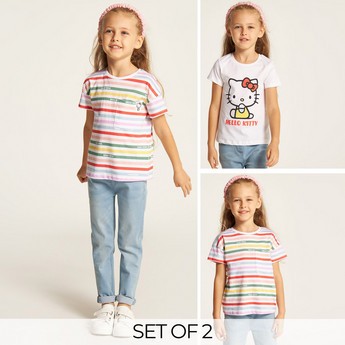 Sanrio Hello Kitty Print T-shirt with Crew Neck and Short Sleeves - Set of 2