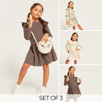 Juniors Printed Dress with Frill Detail and Long Sleeves - Set of 3