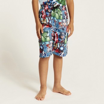 Avengers Print Mid-Rise Swimshorts with Drawstring Closure and Pockets