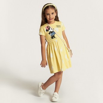 Disney Minnie Mouse Print Dress with Round Neck and Short Sleeves