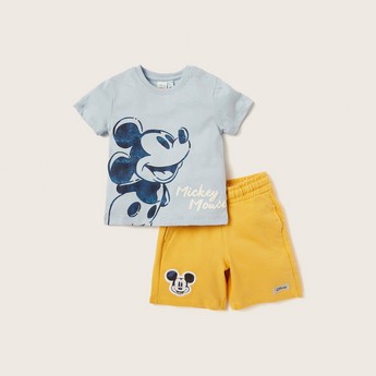 Mickey Mouse Print Crew Neck T-shirt and Shorts Set