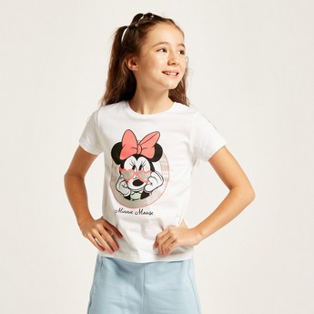 Disney Minnie Mouse Print Round Neck T-shirt with Short Sleeves