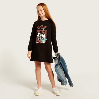 Disney Mickey and Minnie Print Round Neck T-shirt Dress with Long Sleeves