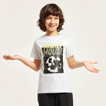 Disney Mickey Mouse Print Round Neck T-shirt with Short Sleeves