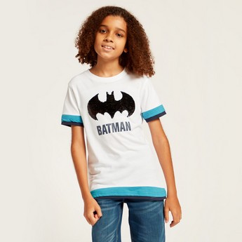 Batman Sequin Detail Graphic Printed T-shirt with Short Sleeves