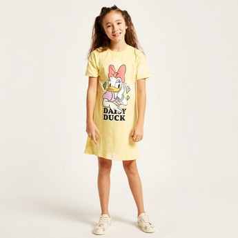 Disney Daisy Duck Print Round Neck T-shirt Dress with Short Sleeves