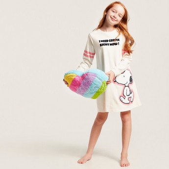 Snoopy Dog Print Night Dress with Crew Neck and Long Sleeves