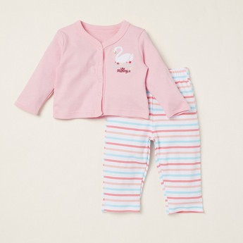 Juniors Embroidered T-shirt with Long Sleeves and Striped Pyjama Set