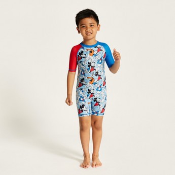 Disney Mickey Mouse Print Swimsuit with Short Sleeves and Zip Closure