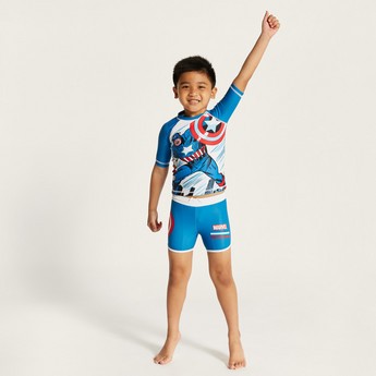 Captain America Print Rash Gaurd and Swim Shorts Set