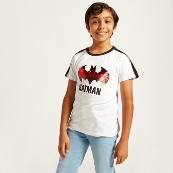 Batman Print with Sequin Detail T-shirt and Short Sleeves