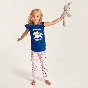 Juniors Unicorn Glitter Print Round Neck T-shirt and Pyjama Set