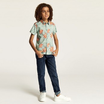 Juniors Tropical Print Shirt with Short Sleeves and Button Closure