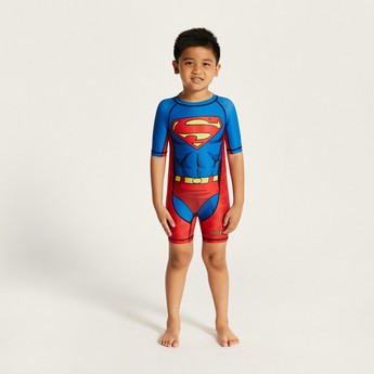 Superman Print Swimsuit with Round Neck and Short Sleeves