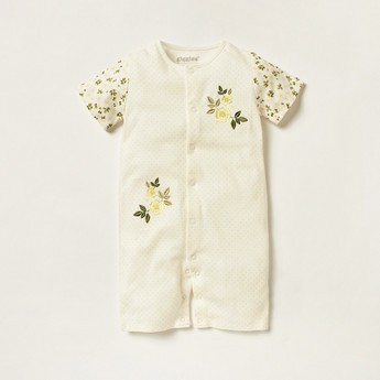 Giggles Embroidered Romper with Short Sleeves and Button Closure