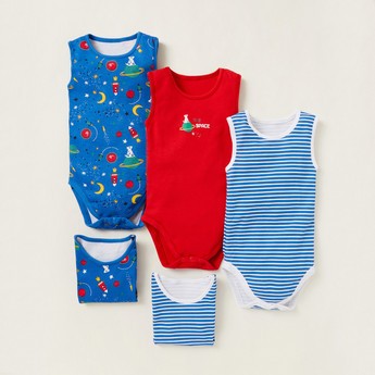 Juniors Printed Sleeveless Bodysuit with Round Neck - Set of 5