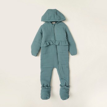 Juniors Textured Coverall with Long Sleeves and Frill Detail