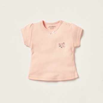 Juniors Embroidered T-shirt with Short Sleeves and Button Closure