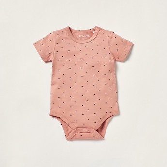 Juniors Heart Print Bodysuit with Short Sleeves and Snap Button Closure