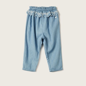 Giggles Embroidered Pants with Ruffle and Elasticated Waistband