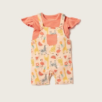 Juniors Solid T-shirt and Printed Dungaree Set