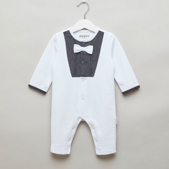 Giggles Textured Open Feet Sleepsuit with Bow Applique