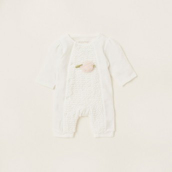 Giggles Textured Open Feet Sleepsuit with Floral Applique Detail