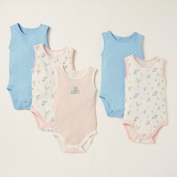 Juniors Printed Sleeveless Bodysuit with Round Neck - Set of 5