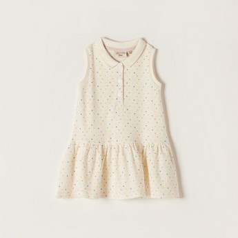 Juniors Polka Dot Sleeveless Polo Dress with Button Closure