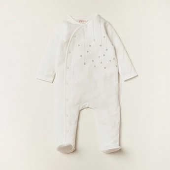 Giggles Star Embroidered Sleepsuit with Long Sleeves and Snap Button Closure