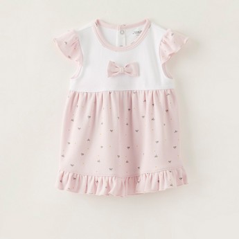 Juniors Printed Dress with Bow Applique and Cap Sleeves