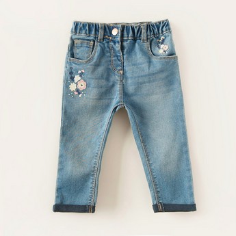 Juniors Floral Embroidered Jeans with Elasticised Waistband