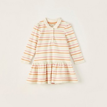 Juniors Striped Knit Dress with Long Sleeves and Polo Neck