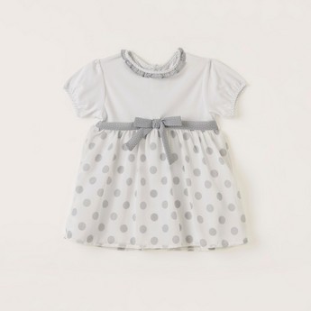 Giggles Polka Dot Print Dress with Puff Sleeves and Tie-Up Belt