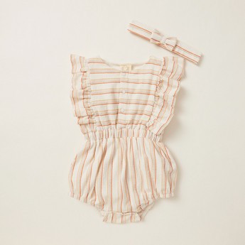 Striped Sleeveless Romper with Bow Detail Headband