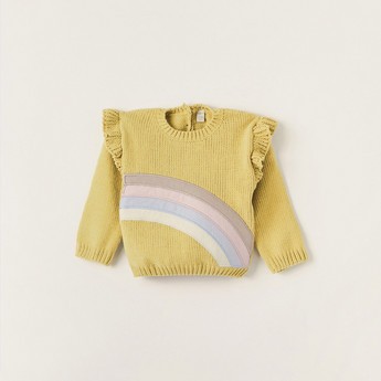 Giggles Textured Sweater with Rainbow Applique and Ruffle Detail